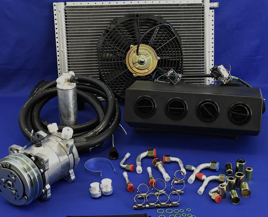 A/C Kit Universal Compresor, Evaporador, Drier, Mangas, Fitting, Abanico