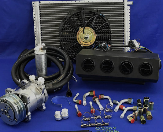 A/C Kit Universal Compresor, Evaporador, Drier, Mangas, Fitting, Abanico