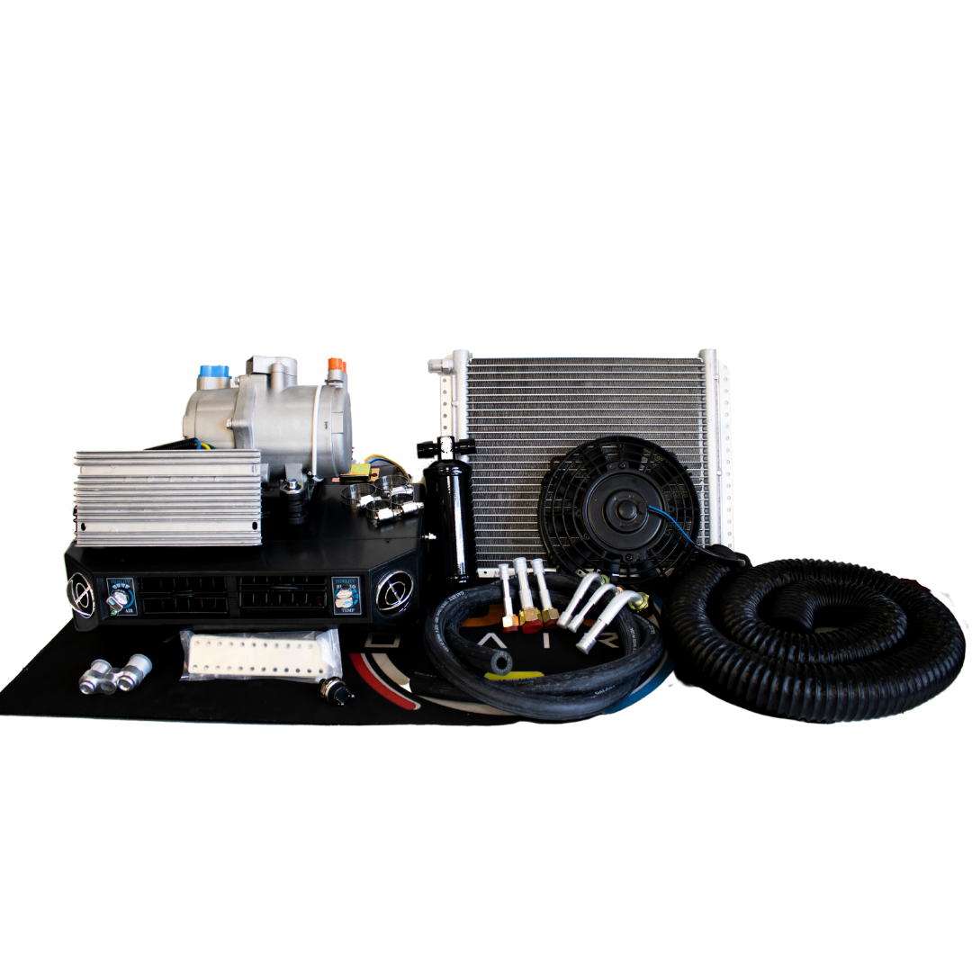 A/C Kit Universal Compresor Electrico 12V, Evaporador, Drier, Mangas, Fitting, Abanico